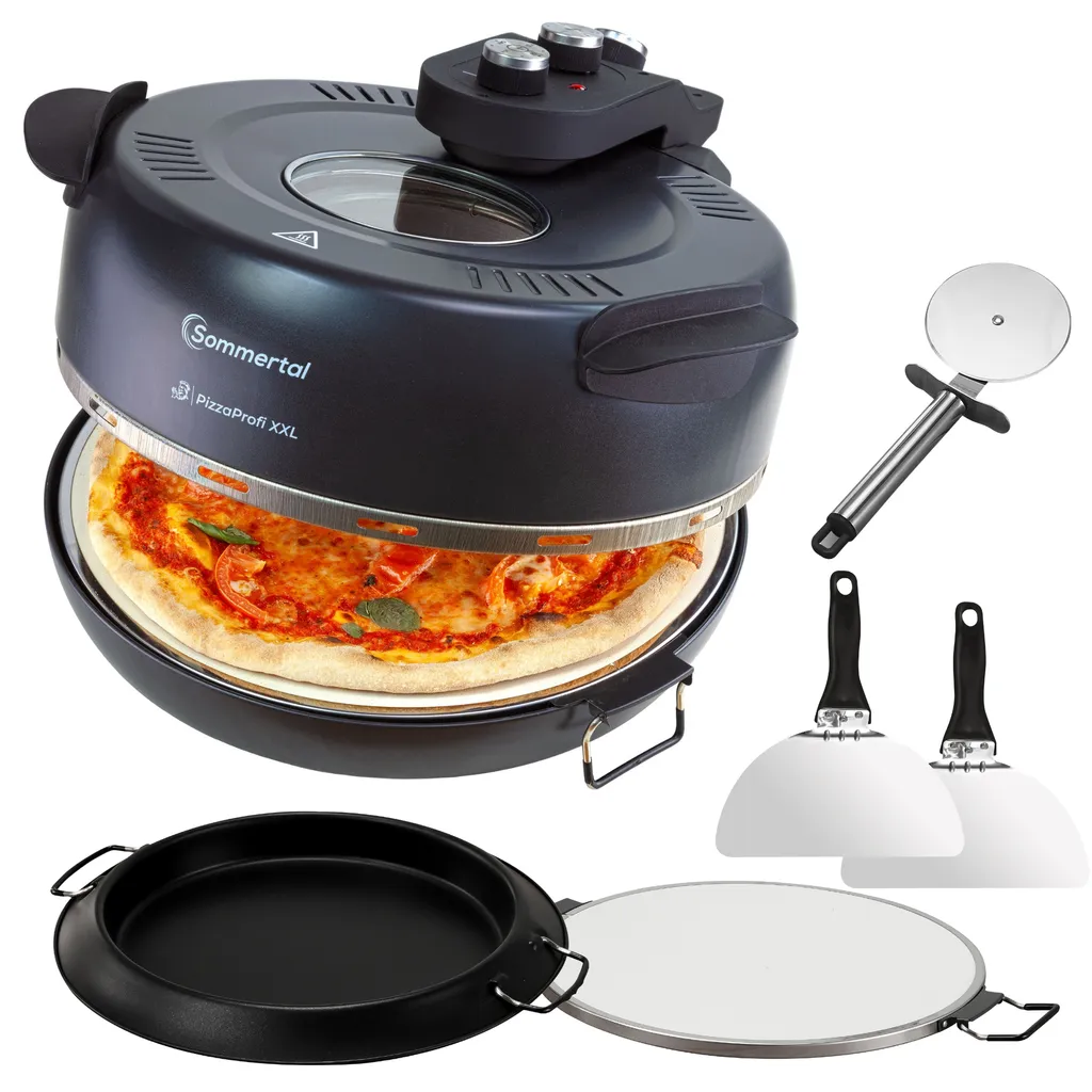 Sommertal PizzaProfi XXL Pizzaofen mit 39cm Steinplatte - Pizza Ofen elektrisch, schnelle 3-Minuten Pizza, bis 400°C - 5-teiliges Set mit Pfanneneinsatz, 2x Pizzaschieber, Schneider, Pizzastein